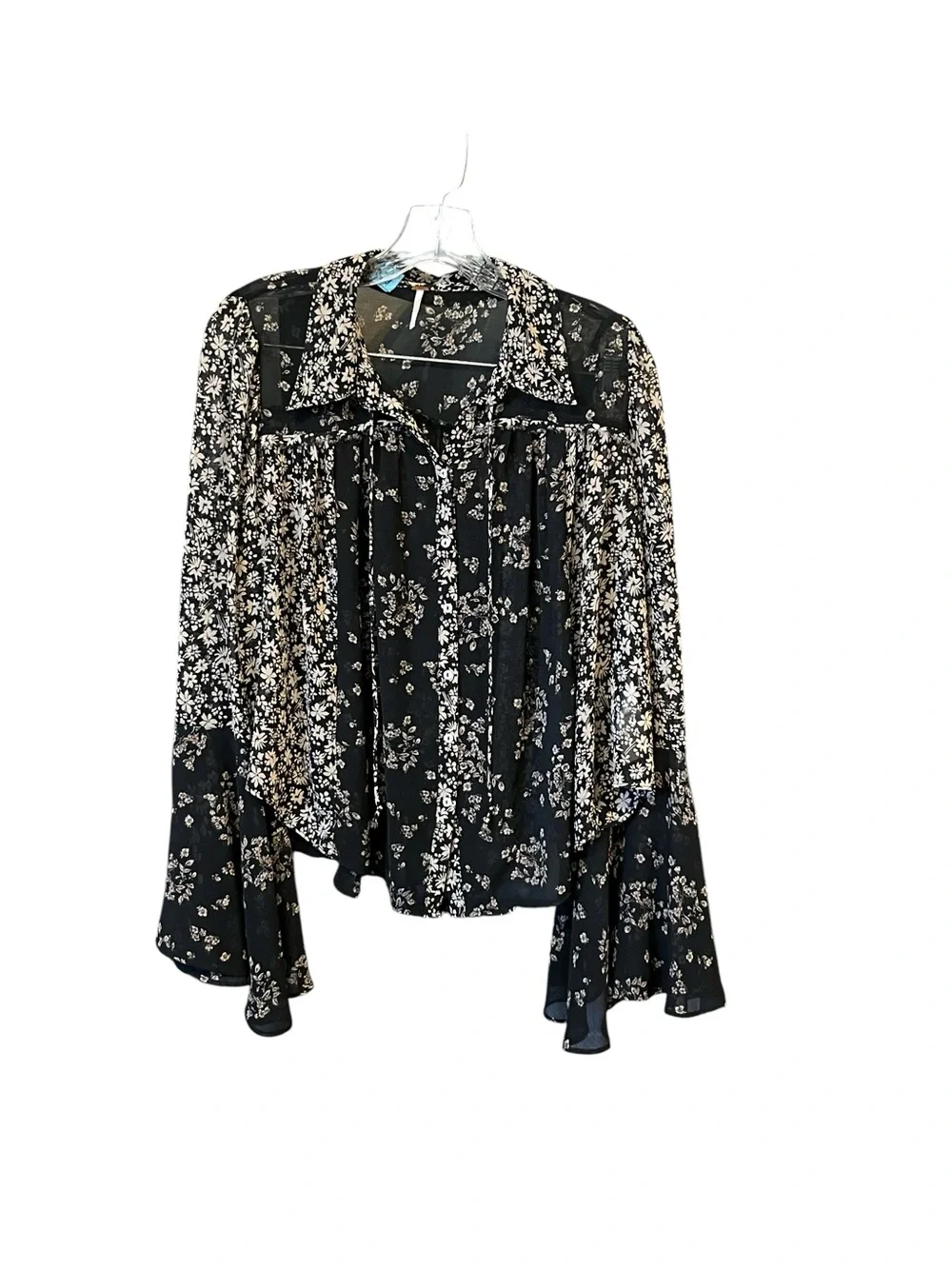 Free People Floral Sheer Blouse Bell Sleeve Black Ivory Boho Women’s M